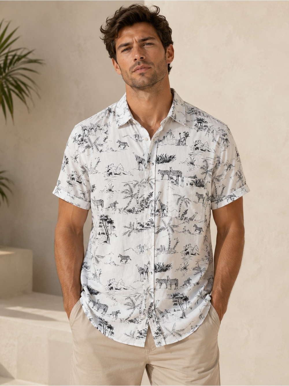 Banana Republic White Short-Sleeve Printed Camp Shirt